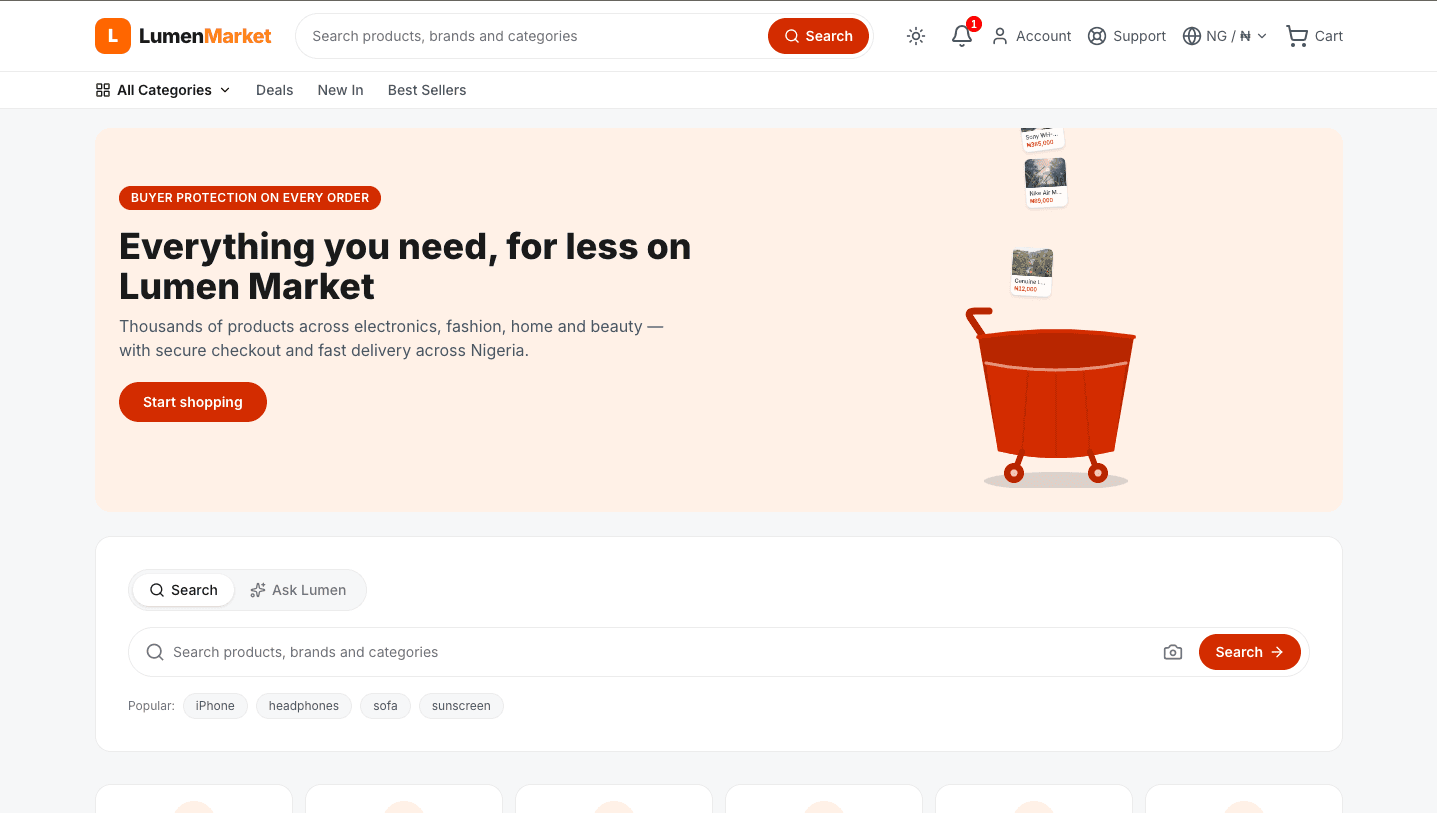 Lumen Market's storefront on a wide screen: a search bar spanning the header, a category bar, and a promotional panel headed "Everything you need, for less on Lumen Market" beside an illustrated shopping trolley.
