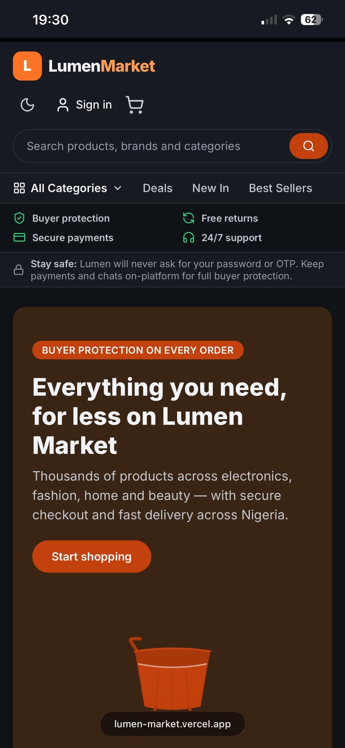 Lumen Market on a phone in dark mode, with a warning strip reminding shoppers that Lumen never asks for a password or one-time code and to keep payments on the platform.